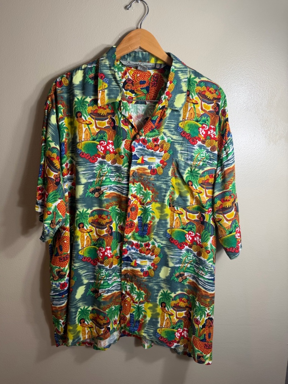 Vintage Pineapple Connection XL Hawaiian Shirt Hula Girl Tropical Rayon Aloha